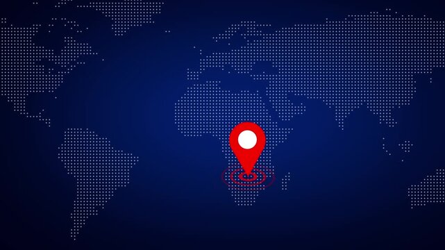 World map background animation displays a location pin marker. Navigation waypoint tracking routes on world map background. Global travel cartography guides the map.