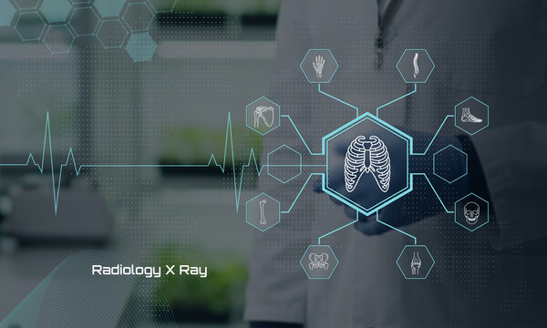 Modern medical radiology technology with digital interface showcasing X-ray imaging of various body systems