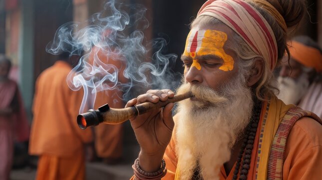 Sadhu holy man smoking a traditional chillum pipe in Varanasi with orange robes and forehead markings