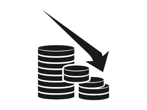 Financial loss vector icon, stacked coins with downward arrow graphic, economic crisis and bankruptcy symbol for business