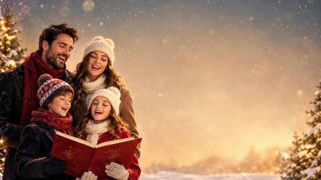 Family Singing Christmas Carols in Snowy Winter Landscape with Evergreen Trees and Warm Sunset Light in Festive Holiday Atmosphere Together