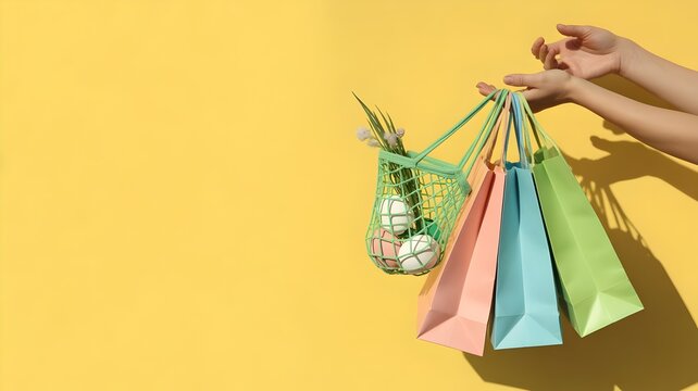 Easter shopping sale concept with string bag and colorful packages