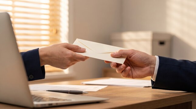 Two business people exchanging an envelope during a meeting in a modern office setting.