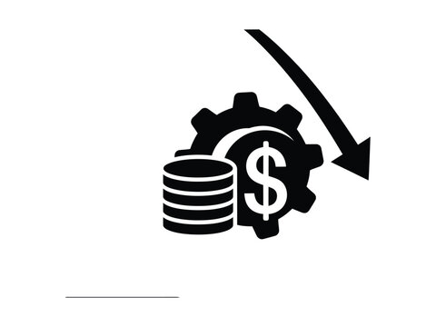 Cost reduction vector icon, finance economy down arrow symbol, money loss and production crisis graphic