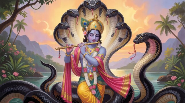 Lord Krishna playing flute with Sheshnag cobra in a serene river landscape for Janmashtami festival