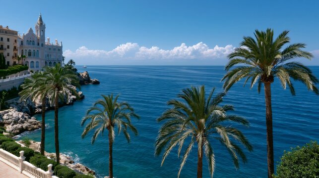 Coastal luxury architecture with palm trees and ocean view