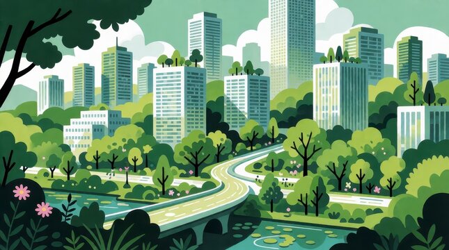 Earth Day illustration of a sustainable green city with skyscrapers and lush urban park landscape
