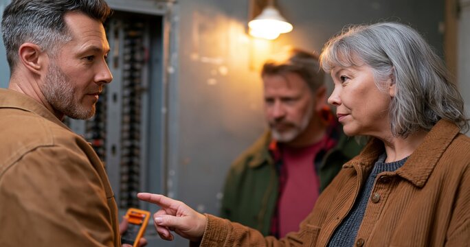 Middle-aged couple consulting electrician indoors