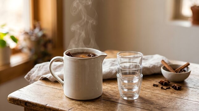Mulled beverage pitcher beside glass cups, cozy holiday hosting warm drink ritual concept