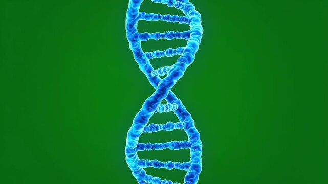 3D animation of blue DNA double helix strand rotating against a vibrant green screen background, perfect for chromakey and chroma key video compositing