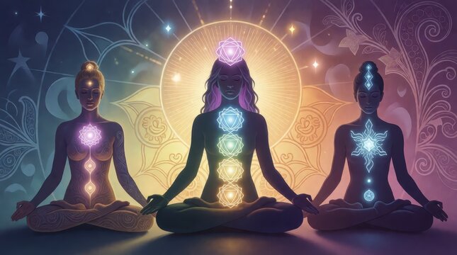 Three women meditating in lotus position with glowing chakra energy points on a spiritual background