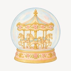 Obraz premium Whimsical carousel snow globe illustration.