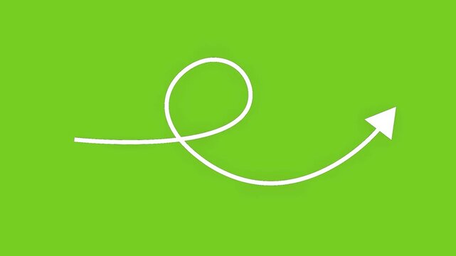 Animated white curved loop arrow drawing itself and pointing upward on a green screen chroma key background.