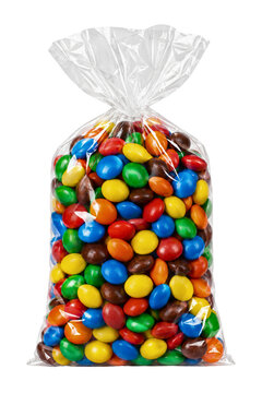 Colorful candy bag filled with assorted sweets isolated on transparent background
