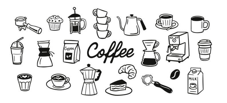 Hand-drawn coffee vector collection with cups, mugs, espresso machines, French press, moka pot, pour-over brewer, coffee beans, pastries and cafe accessories.