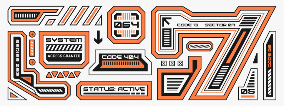 Retro futuristic cyberpunk vector graphic set with techno lettering, interface panels, digital codes, geometric symbols and sci-fi HUD elements