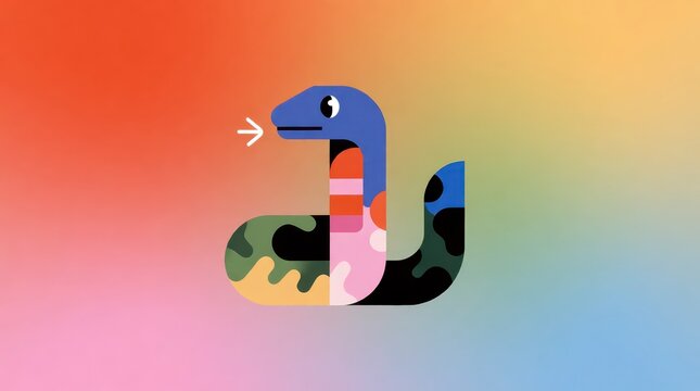 Abstract colorful snake illustration with geometric patterns on a soft gradient background