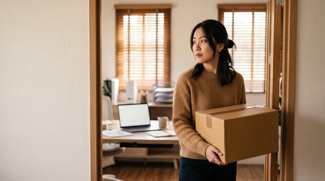 Young Asian woman carrying cardboard box in home office looking away.