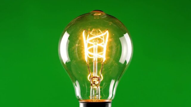 Bright incandescent light bulb glowing warmly against a vibrant chroma key green screen background, perfect for compositing and visual effects
