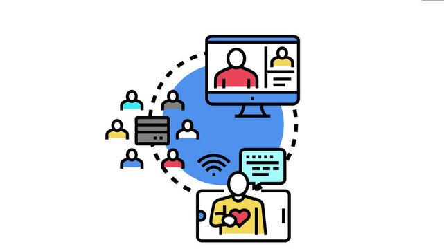 People engaging in online communication through various digital devices, experiencing virtual meetings, network connection, and social interaction in a modern digital world