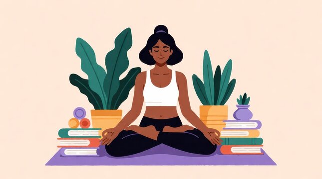 Woman practicing yoga meditation in lotus pose with books and plants on a flat illustration background