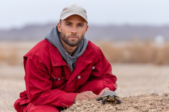 Biologist inspecting desert turtle for wildlife conservation