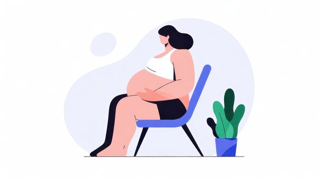 Pregnant woman sitting on a chair in a flat vector illustration style with copy space