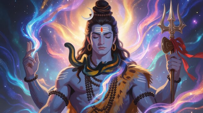 Lord Shiva meditating with trident and cosmic energy background for Maha Shivaratri celebration