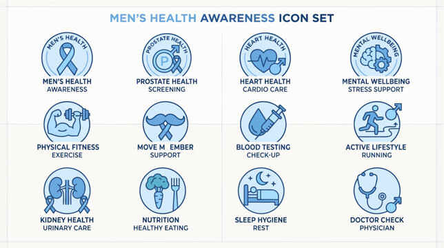 Vector icon set of men&rsquo;s health awareness symbols in blue tones, Blue November: prostate cancer awareness and prevention