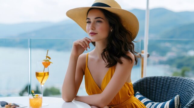 Woman enjoying luxury vacation with cocktail on balcony