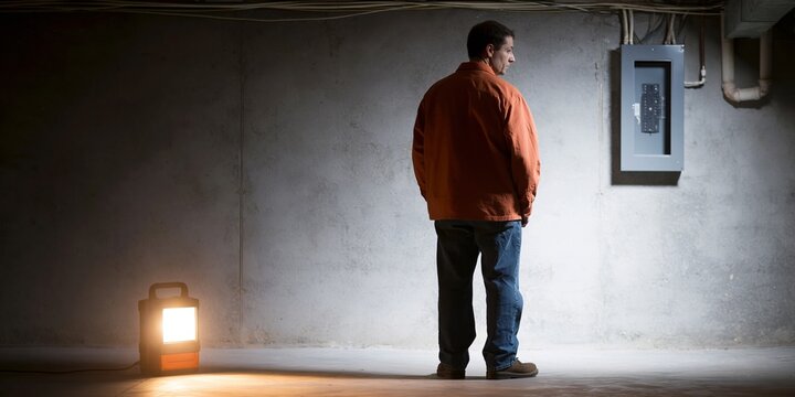 Man inspecting electrical panel in basement