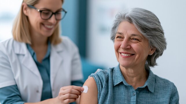 Senior woman receiving vaccination from nurse