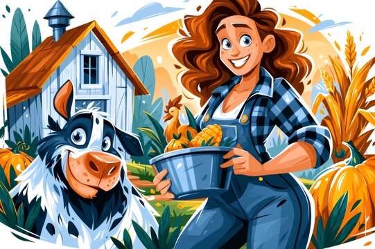 Smiling farmer woman holding harvest bucket on farm