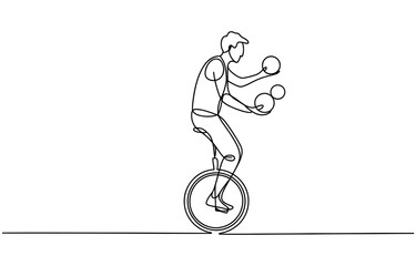 Continuous line drawing of a man riding a unicycle and juggling balls © Godadhr