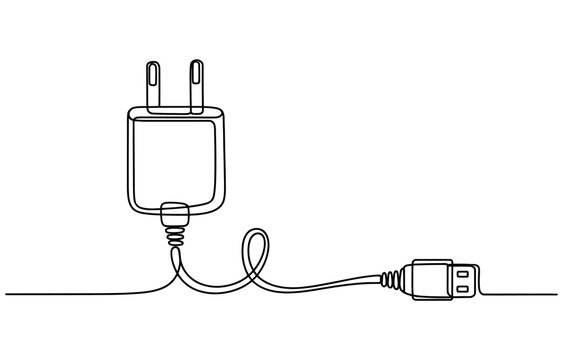 Continuous one line drawing of a mobile phone power adapter plug and a usb cable