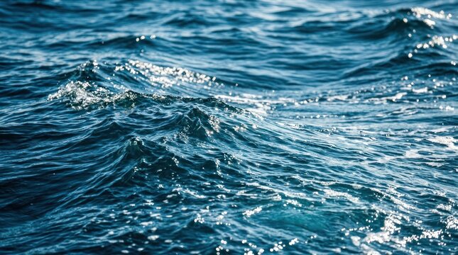 Closeup of Deep Blue Ocean Waves with Sunlight Glinting.