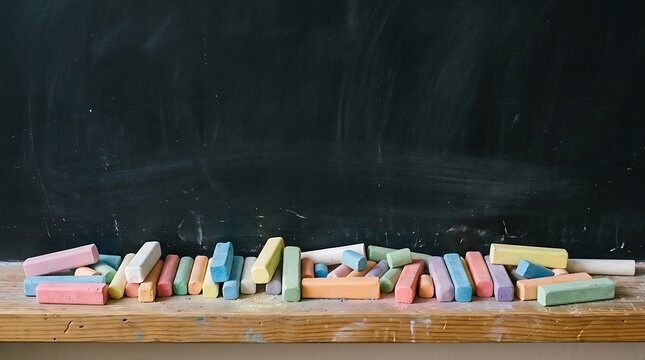 A collection of colorful chalk sticks resting on a wooden ledge in front of a blackboard with multicolored chalk arranged many pieces multicolored