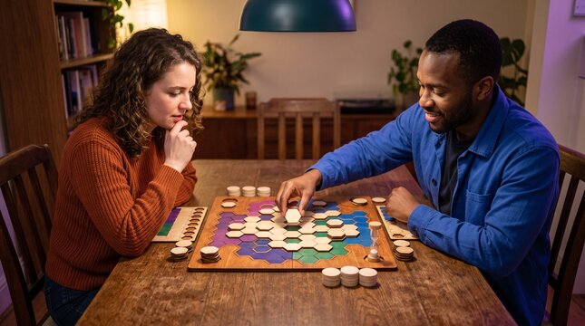Friends plan moves during a cooperative tabletop game