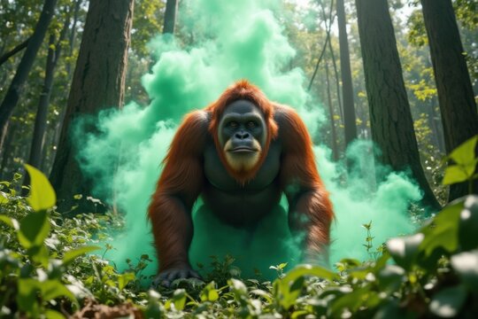 Farting Orangutan Releasing Green Smoke in a Dense Tropical Rainforest