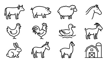 Fototapeta premium animals and countryside agriculture thin line icon set featuring cow pig sheep horse poultry barn and domestic livestock outline vector collection