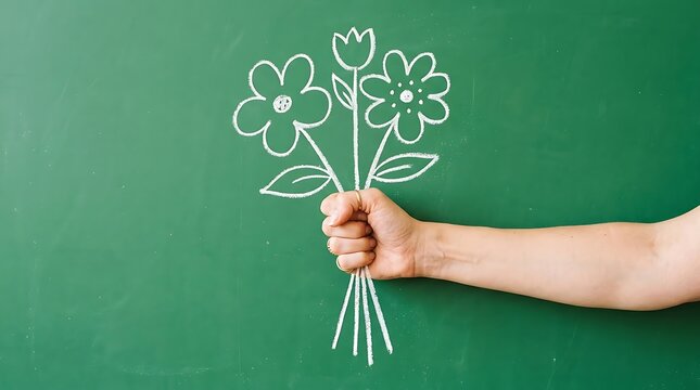 A hand holding a chalk drawing of a bouquet of flowers on a green chalkboard with chalkboard surface where sketch small bouquet flowers drawn