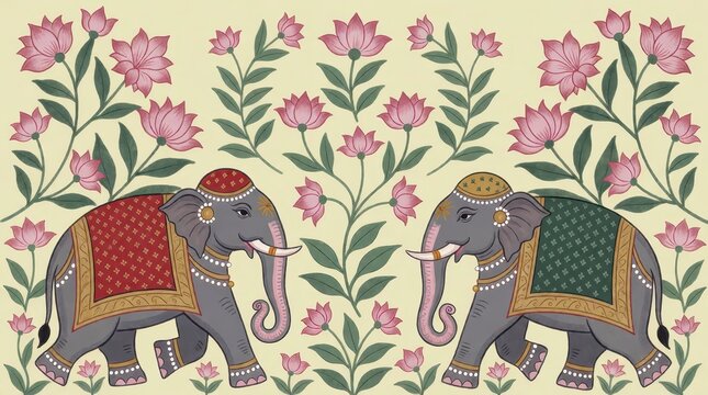 Traditional Indian elephant illustration with lotus flowers for Diwali festival greeting card design