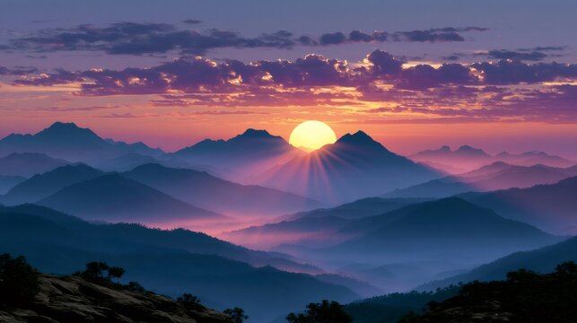 Golden sun setting over layered mountain peaks