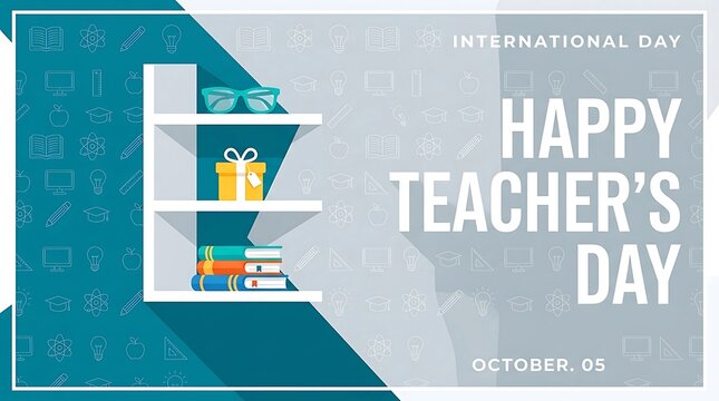 Graphic illustration of a shelf with school supplies for international teachers day celebration design with against background educational