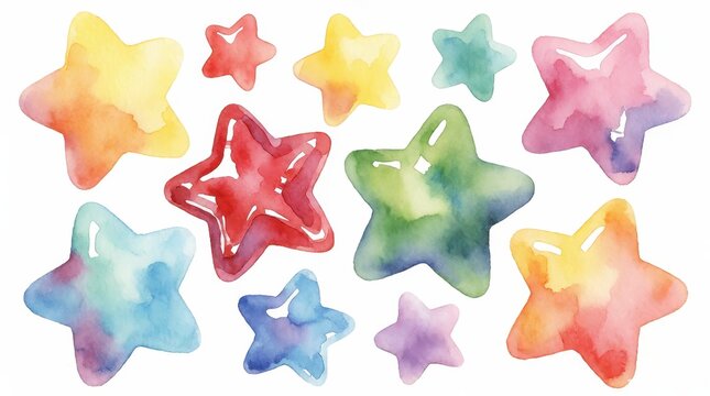 Set of colorful watercolor stars isolated on white background for festive design elements