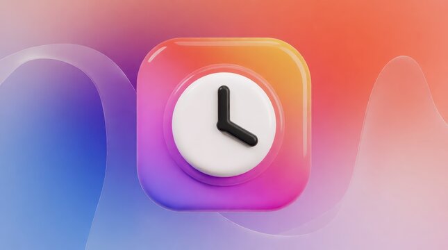 3D clock icon on a colorful gradient background for time management and business schedule concepts