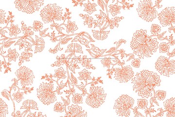 Orange floral damask pattern with hand drawn botanical elements on white © Arslan Gallery's 