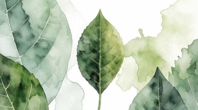 Watercolor green leaves illustration with organic textures and white copy space background