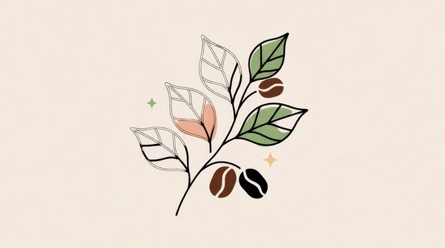 Minimalist coffee branch illustration with leaves and beans on a soft beige background