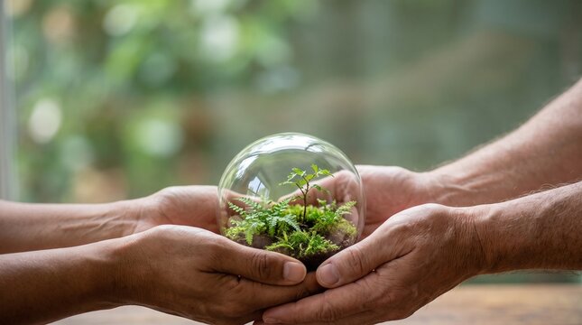 Two people holding a small glass terrarium with green plants inside.